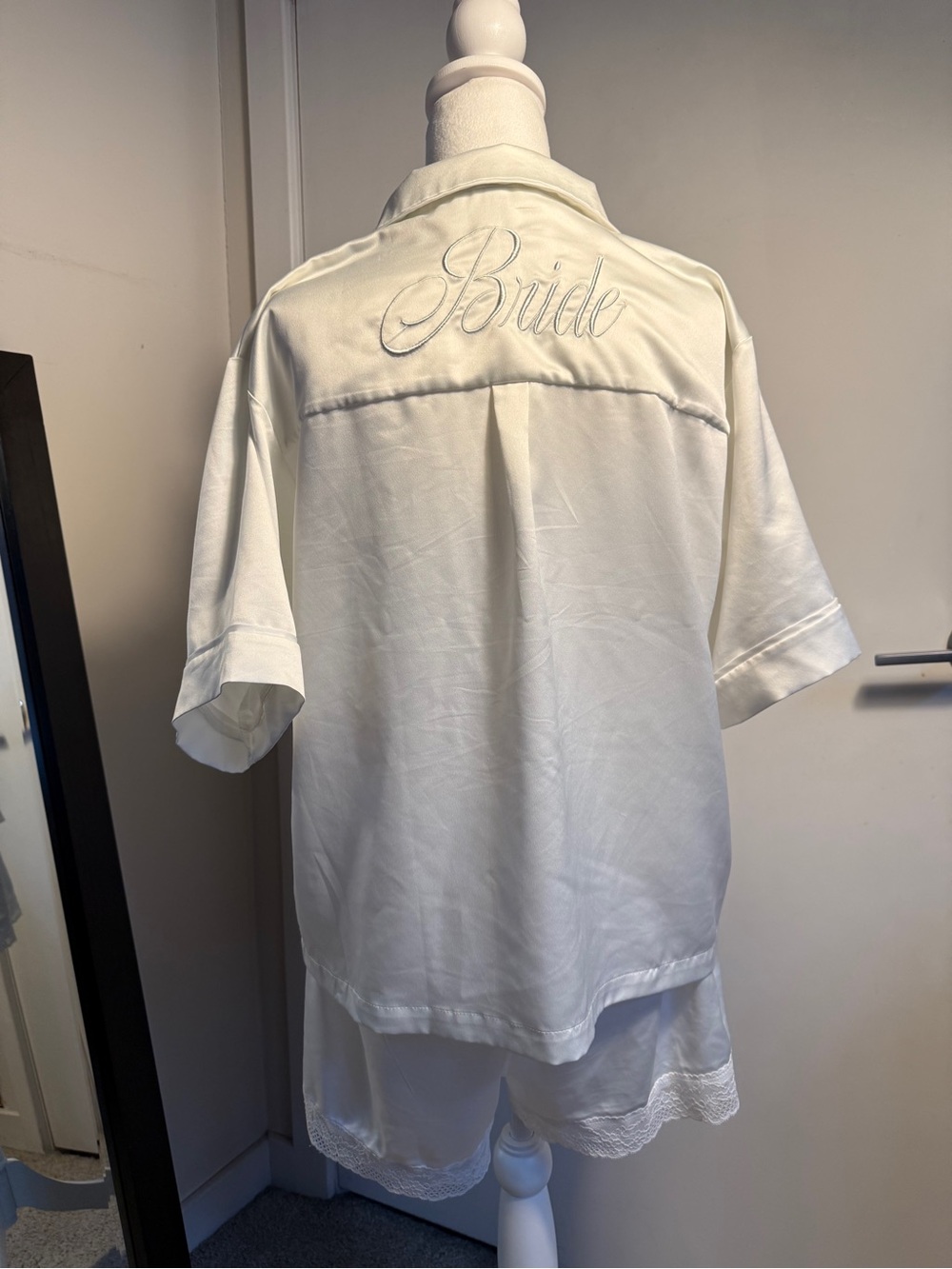 Bride Embroidered Short-Sleeve Satin Pajama Set - White